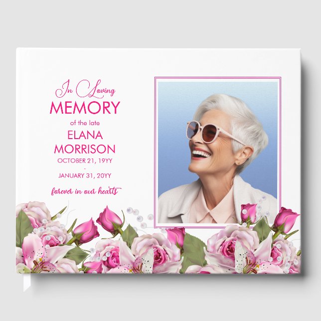 Rose Lily Pearl Pink Photo Funeral Guest Book (Front)