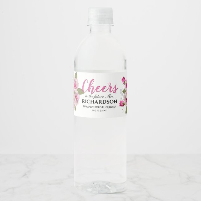 Rose Lily Pearl Pink Wedding Water Bottle Label (Front)