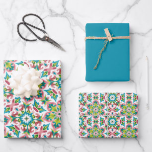 Rose, Lime Green, Teal & White Pattern Wrapping Paper Sheet
