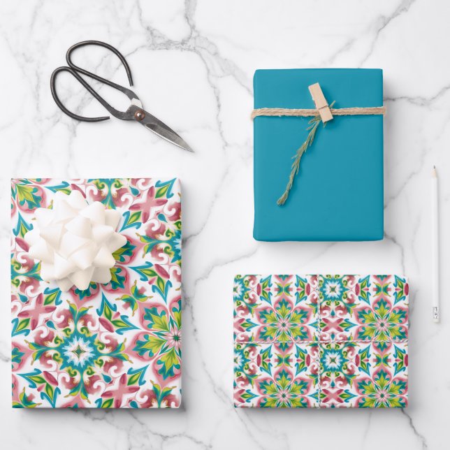 Rose, Lime Green, Teal & White Pattern  Wrapping Paper Sheet (Front)