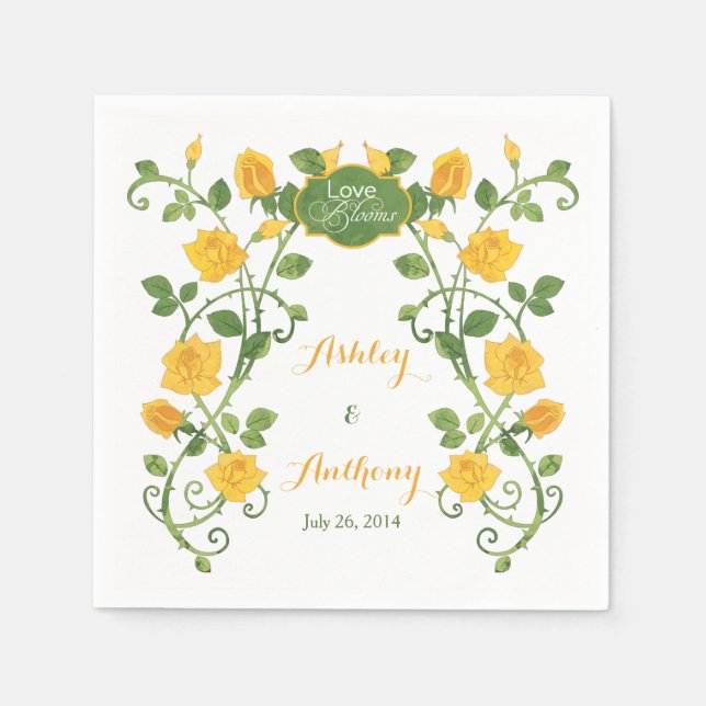 Rose Love Blooms Personalised Wedding | Yellow Napkin (Front)