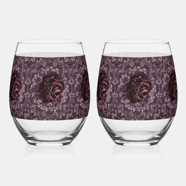 Rose Mandala Drinkware Set Stemless Wine Glass (Front)