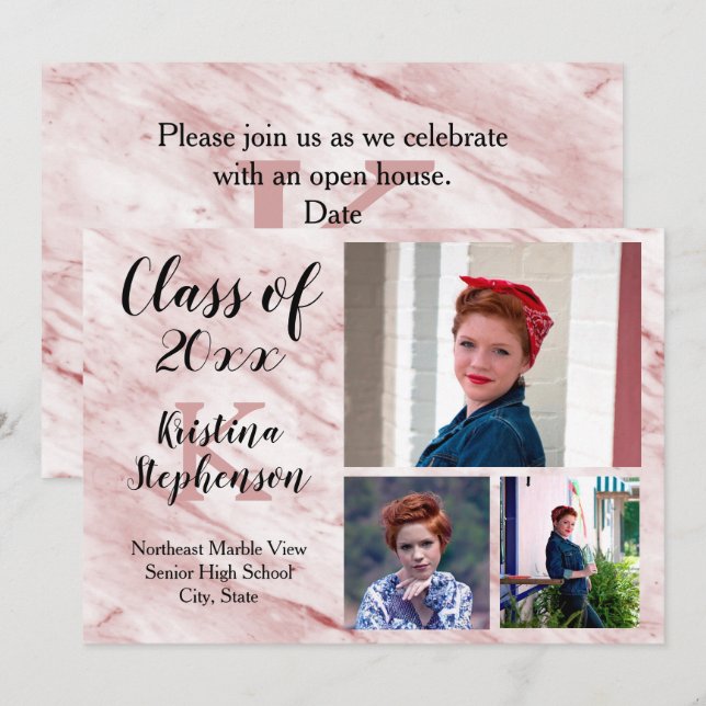 Rose Marble 3 Photo School Graduation Announcement (Front/Back)