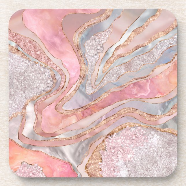 Rose Marble, Pearl and crystals geode Digital art Coaster (Front)
