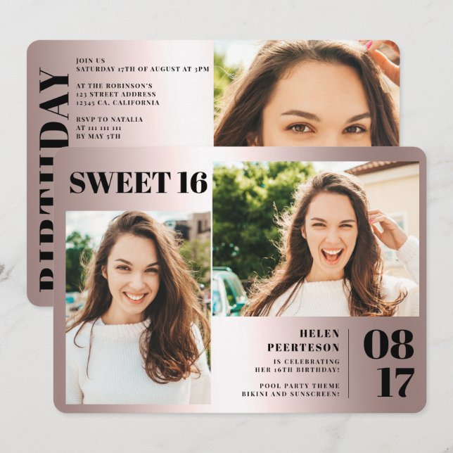 Rose metallic bold 3 photos Sweet 16 birthday Invitation (Front/Back)