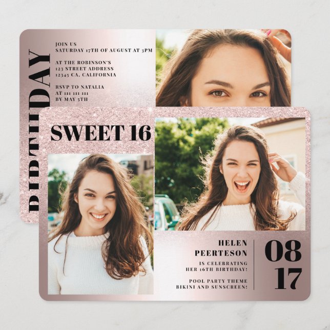 Rose metallic glitter 3 photos Sweet 16 birthday Invitation (Front/Back)