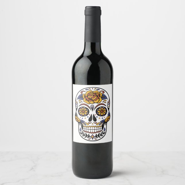 Rose Mexican Sugar Skull Day of the Dead Wine Label (Front)