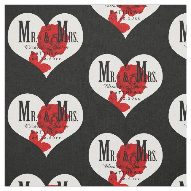 Rose Mr. and Mrs. Wedding Black Heart Template Fabric (Swatch)