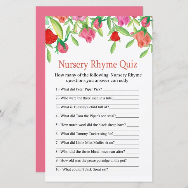 Rose Nursery Rhyme Quiz baby shower game (Front/Back)