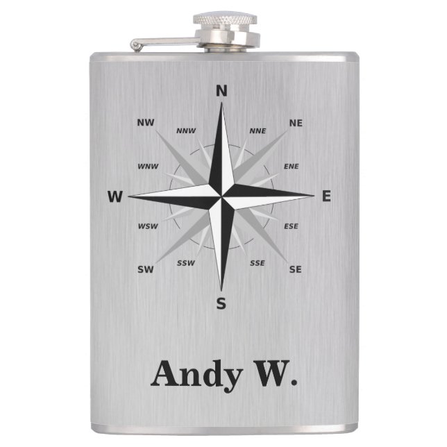 Rose of the Winds Compass and Brushed Aluminium Hip Flask (Front)