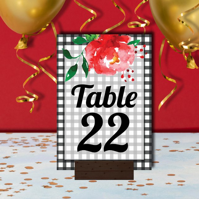 Rose on Black and White Gingham Derby Day Table Number (Red rose on black and white gingham Derby day table number cards 3.5" x 5")