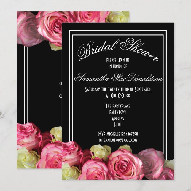 Rose on black floral bridal shower invitation (Front/Back)