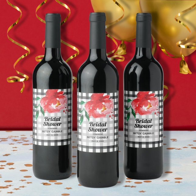 Rose on Black & White Check Wine Labels (Red rose on black and white gingham bridal shower wine bottle labels)
