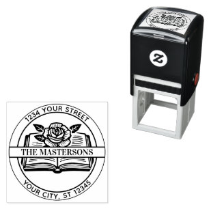 Rose on Book Family Name Return Address Ribbon D Self-inking Stamp
