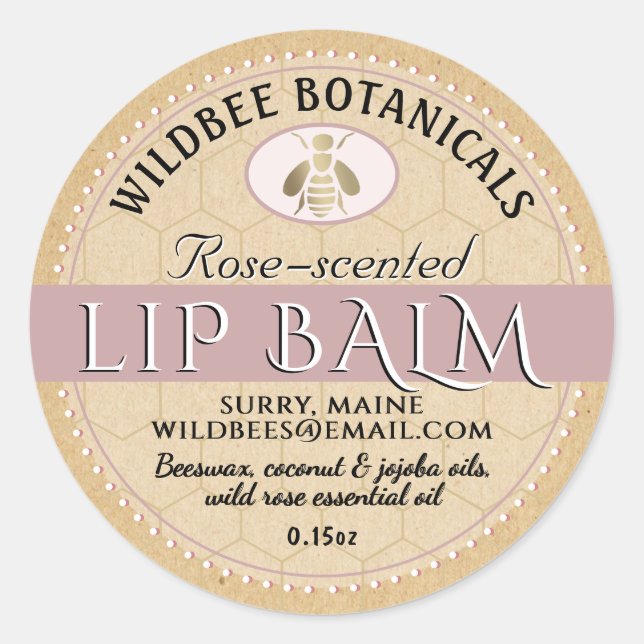 Rose on Kraft Beeswax Lip Balm with Dotted Border Classic Round Sticker (Front)