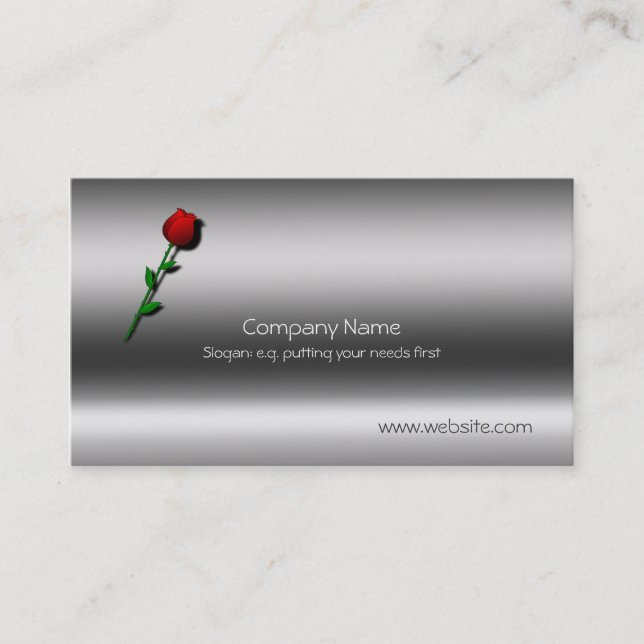 Rose on single stem with metallic-look business card (Front)