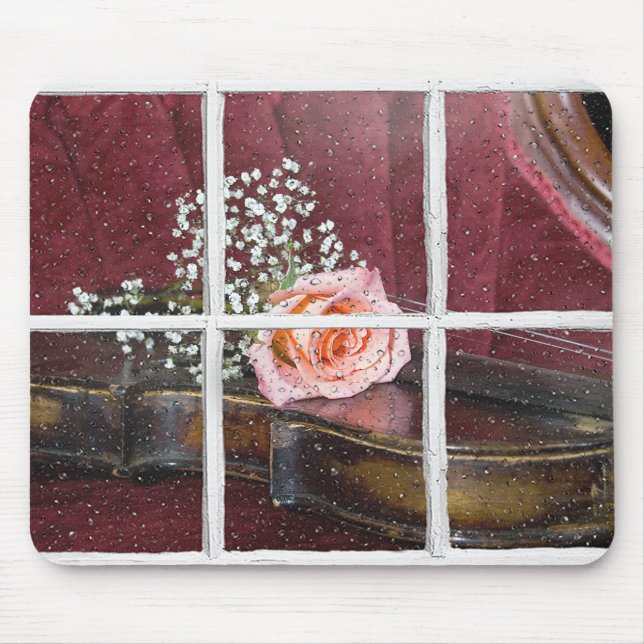 rose on violin in wet window mouse mat (Front)