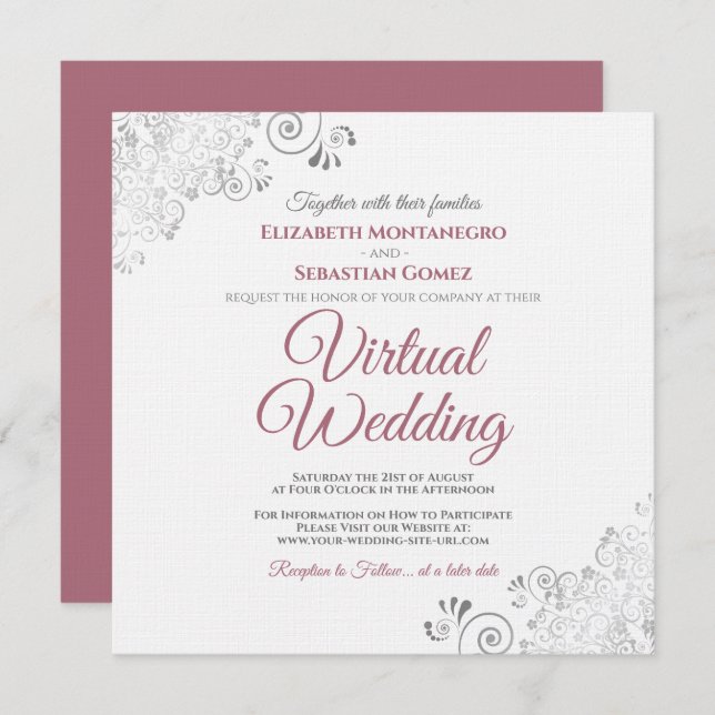 Rose on White Silver Curls Elegant Virtual Wedding Invitation (Front/Back)