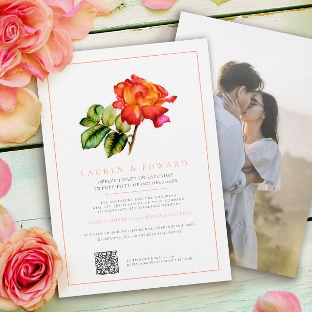 Rose orange stripe watercolor wedding QR code Invitation (Creator Uploaded)