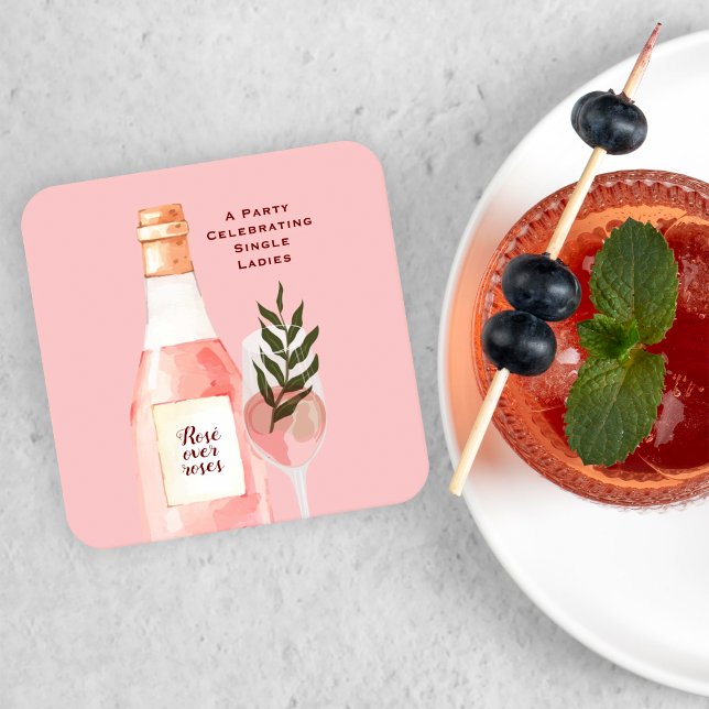 Rosé over Roses Valentine's Day Party Pink Square Paper Coaster (Creator Uploaded)
