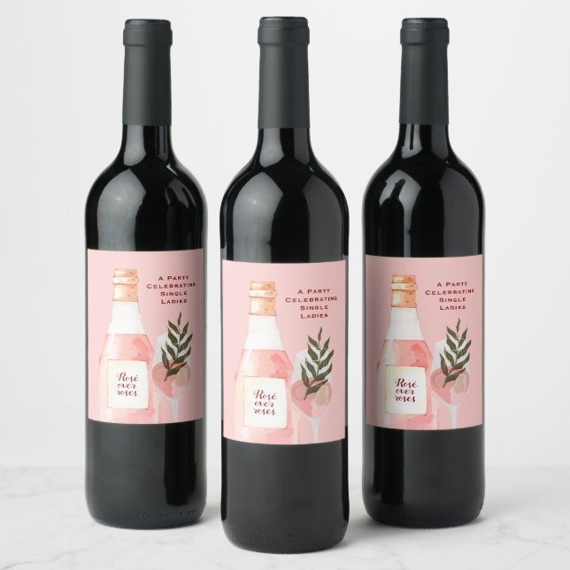 Rosé over Roses Valentine's Day Party Pink Wine Label (Bottles)