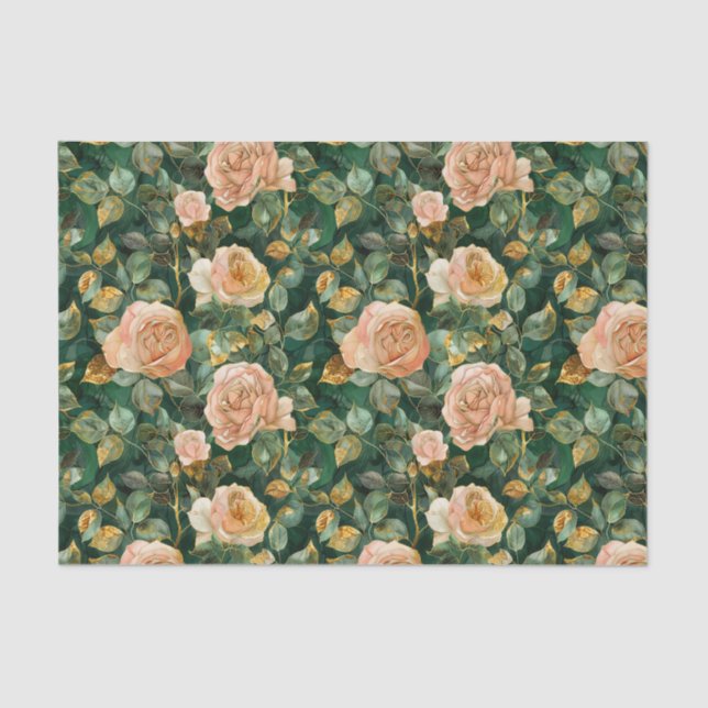 Rose Pattern with Green Leaves and Gold Accents Tissue Paper (Front)