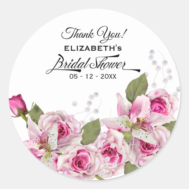 Rose Pearl Lily Pink Bridal Shower Classic Round Sticker (Front)