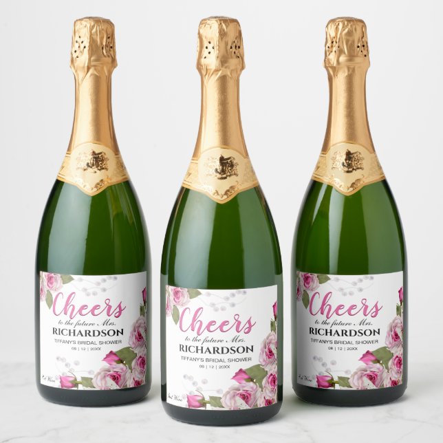 Rose & Pearl Wedding Sparkling Wine Label (Bottles)