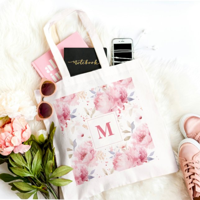 Rose Peonies Custom Monogram Tote Bag (Creator Uploaded)