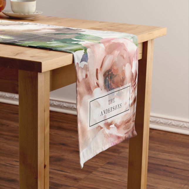 Rose peony floral and foliage eucalyptus stylish short table runner (In Situ)