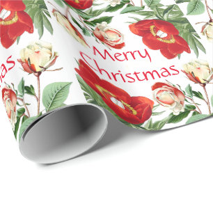 Rose Peony Flowers Merry Christmas Wrapping Paper