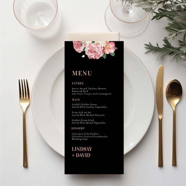 Rose Peony Flowers on Black Menu Card (Creator Uploaded)