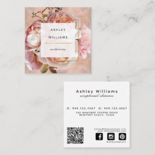 Rose & Peony QR Code Elegant Modern Floral Square Business Card