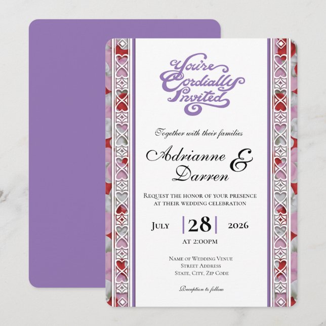 Rose Petal Wedding Invite 2 with Purple Letters (Front/Back)