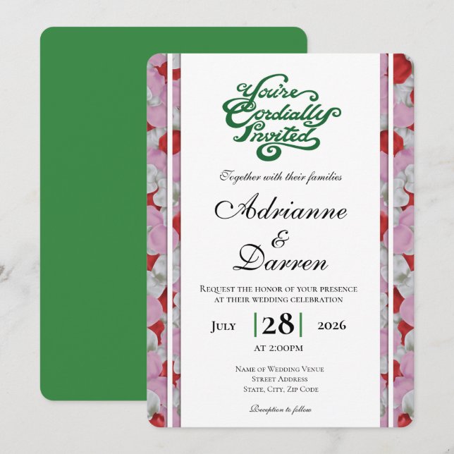 Rose Petal Wedding Invite 3 with Green Letters (Front/Back)