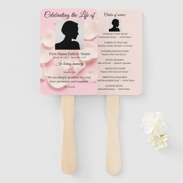 Rose petals pink order of service hand fan (Front and Back)