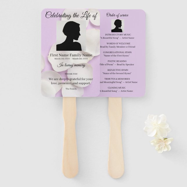 Rose petals purple order of service hand fan (Front and Back)