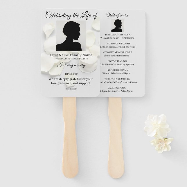Rose petals white order of service hand fan (Front and Back)