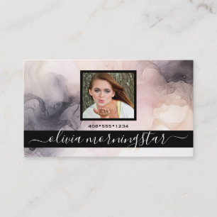 Rose Pink and Black Marbled Ink QR and Photo Business Card