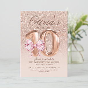  Rose Pink and  Gold  Bow 10th Birthday Party Invitation