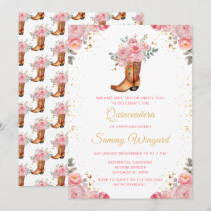 Rose Pink and Gold Floral Cowboy Boot Quinceañera Invitation