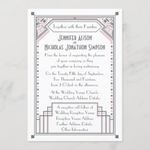 Rose Pink and Grey Gatsby Art Deco Wedding Invitation
