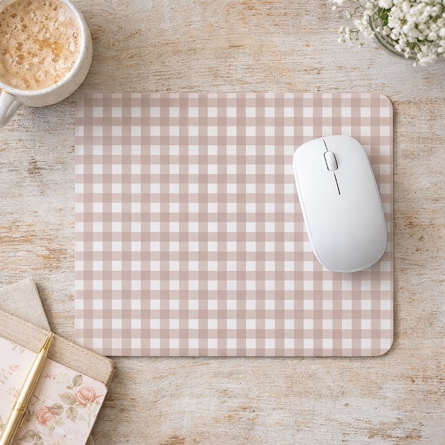 Rose Pink and White Gingham Pattern Pastel Plaid Mouse Mat (A mouse pad with a dusty rose pink and white gingham pattern.)
