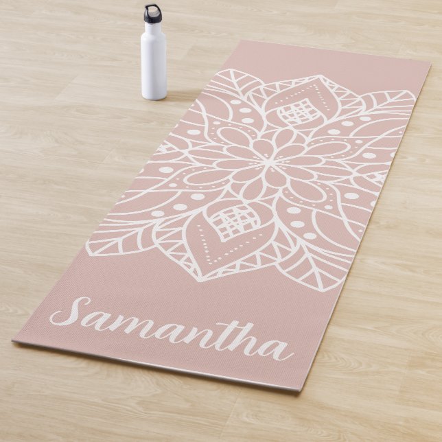 Rose Pink and White Mandala Flower Custom Name Yoga Mat (In Situ)