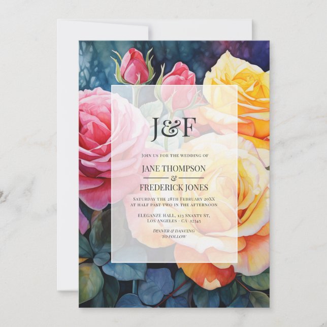 Rose Pink and Yellow Floral Wedding Monogram Invitation (Front)