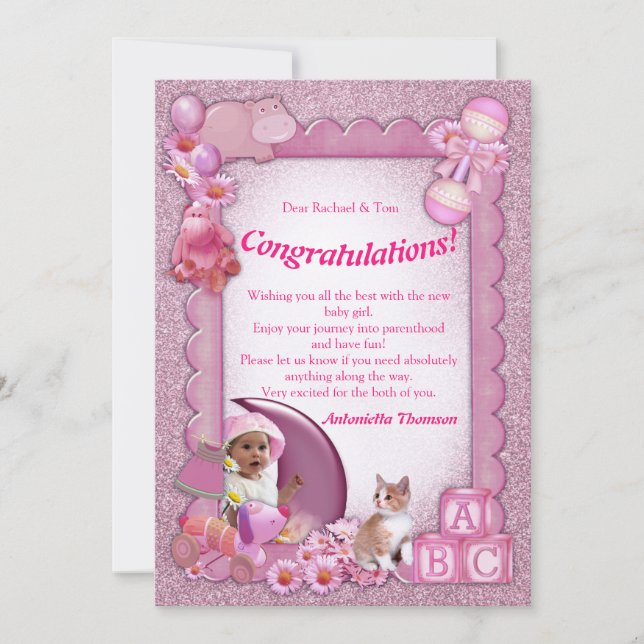 Rose-pink Baby Girl Shower Congratulation Thank You Card (Front)