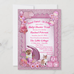 Rose-pink Baby Girl Shower Tweets Invitation