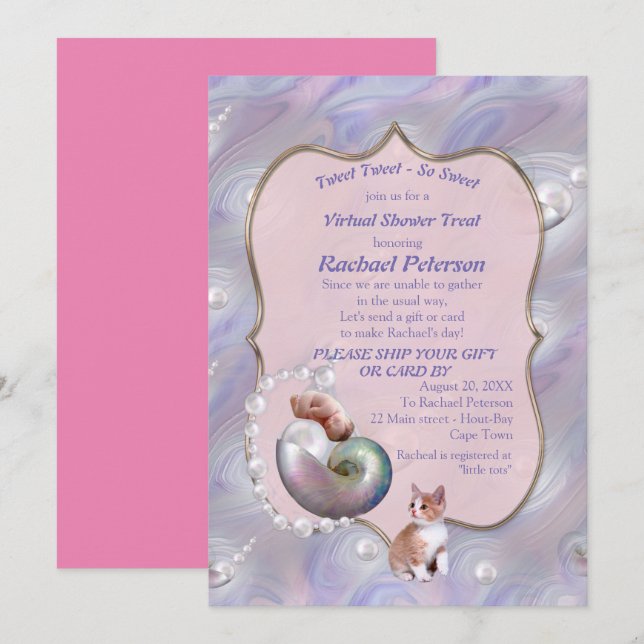 Rose-pink Baby Girl Virtual Shower  Invitation (Front/Back)