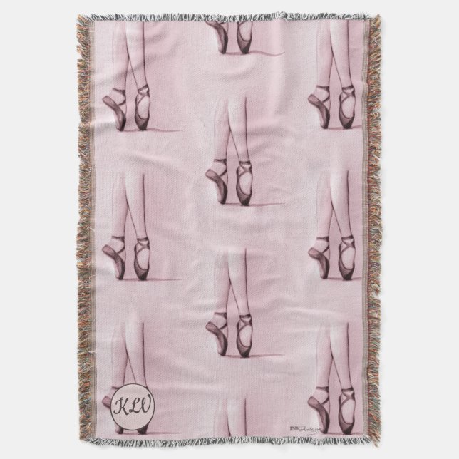 Rose Pink Ballet Shoes with Your Initials/Monogram Throw Blanket (Front Vertical)