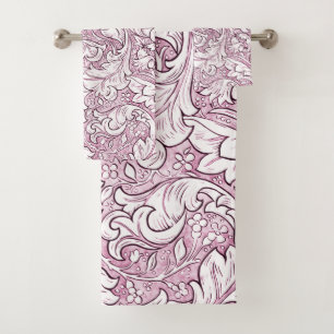 Rose Pink Baroque Ornate Foliage  Bath Towel Set